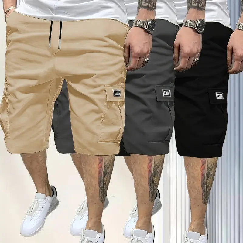 3-Piece Men's Shorts Set - Brown Black & Green - Slanted Pockets - 3-Piece Bottoms for Everyday Use Menswear Overalls shorts men ,Perfect for Street Style, Skateboarding, and Camping