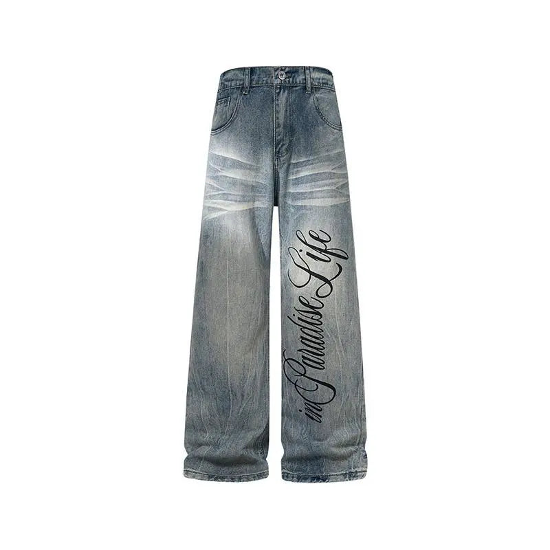 Men's High Cotton Vintage Washed Wide Leg Jeans, Large Cursive Paradise in Life Letter Print Distressed Baggy Denim Pants, Y2K Hip Hop Streetwear Loose Fit Casual Everyday Denim Trousers for Men