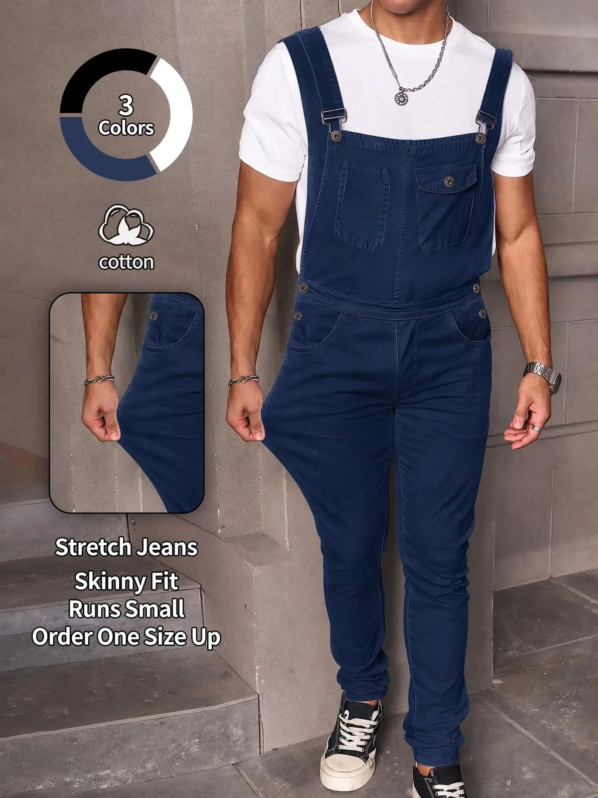 Men's Casual Denim Jumpsuit, Elastic Stretch Jean Fabric Adjustable Straps & Pockets, Workwear Overall, All Seasons, Button Fly, Fitted Style