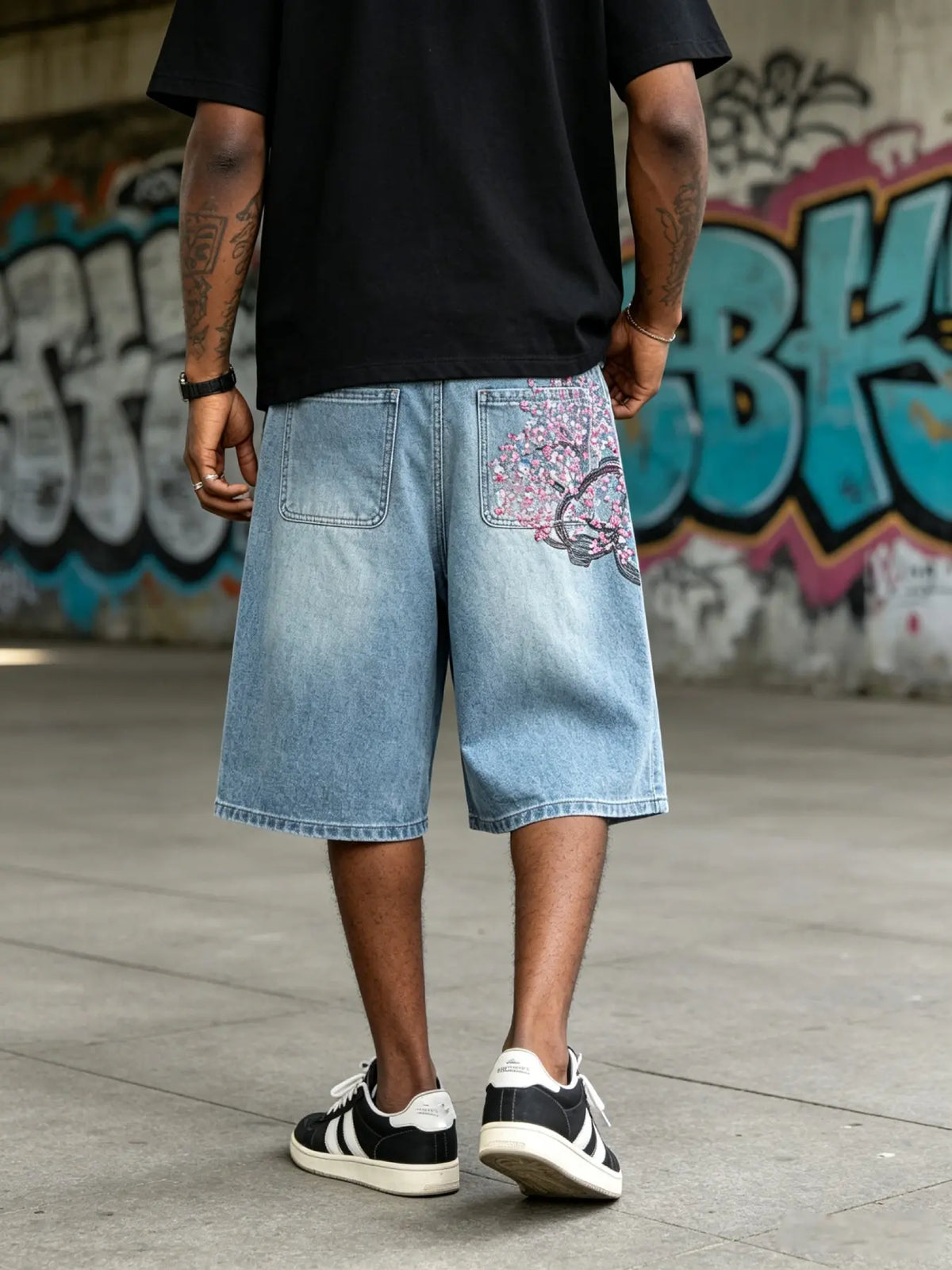 Men's Bermuda Shorts, Light Blue Washed Denim Jeans, Retro Floral Embroidery, Loose-Fit, Knee-Length, Casual Outdoor Wear, Ideal for Leisure