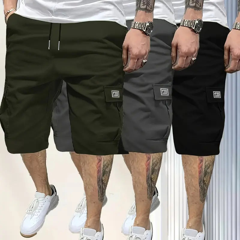 3-Piece Men's Shorts Set - Brown Black & Green - Slanted Pockets - 3-Piece Bottoms for Everyday Use Menswear Overalls shorts men ,Perfect for Street Style, Skateboarding, and Camping