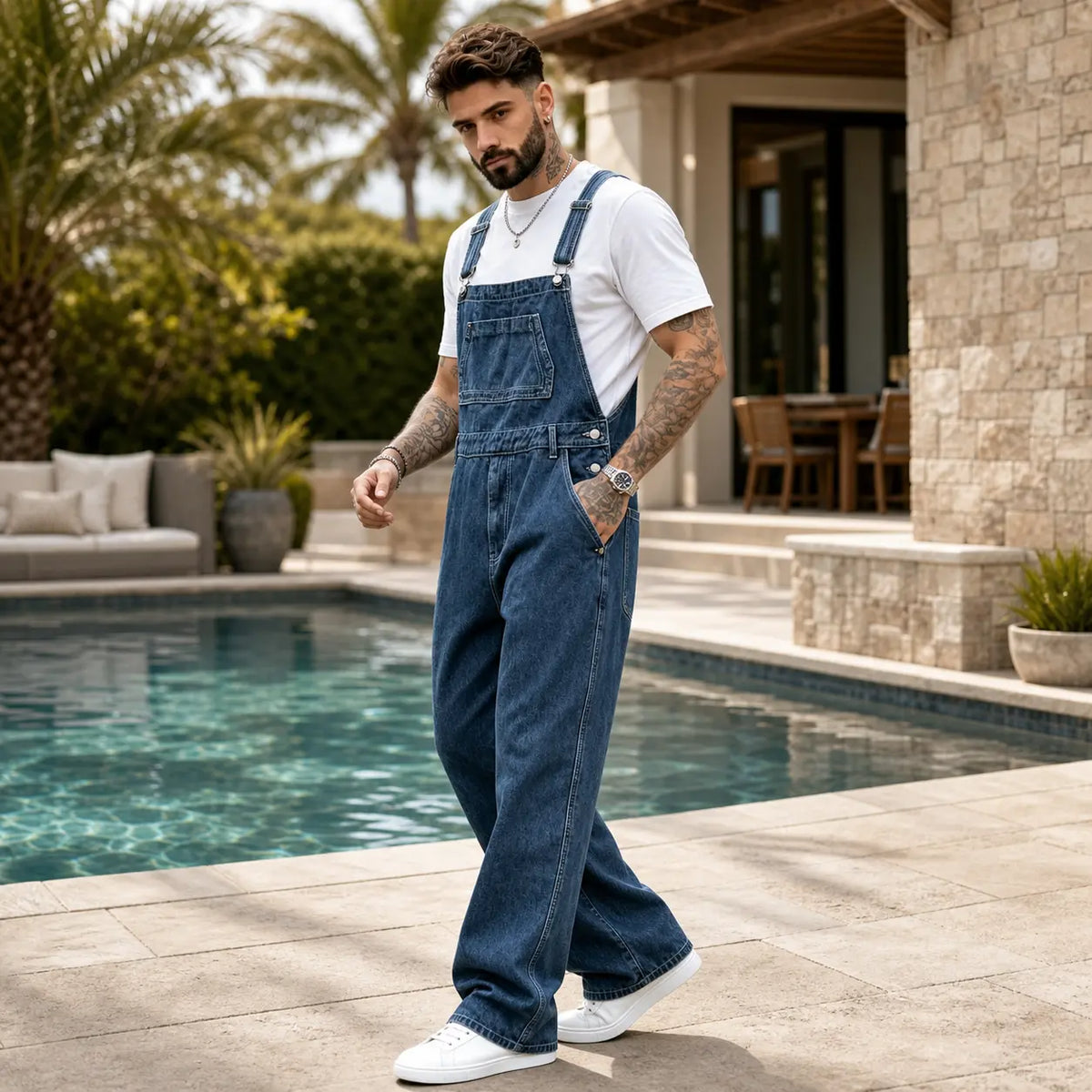 Men's Medium Wash Cotton Denim Overalls - Adjustable Tie Cargo Straps, Retro Slouchy Baggy Loose-Fit, Classic Utility Workwear, Machine Washable All-Seasons Outdoor Menswear, Plain Polyester Fabric Cargo Pants