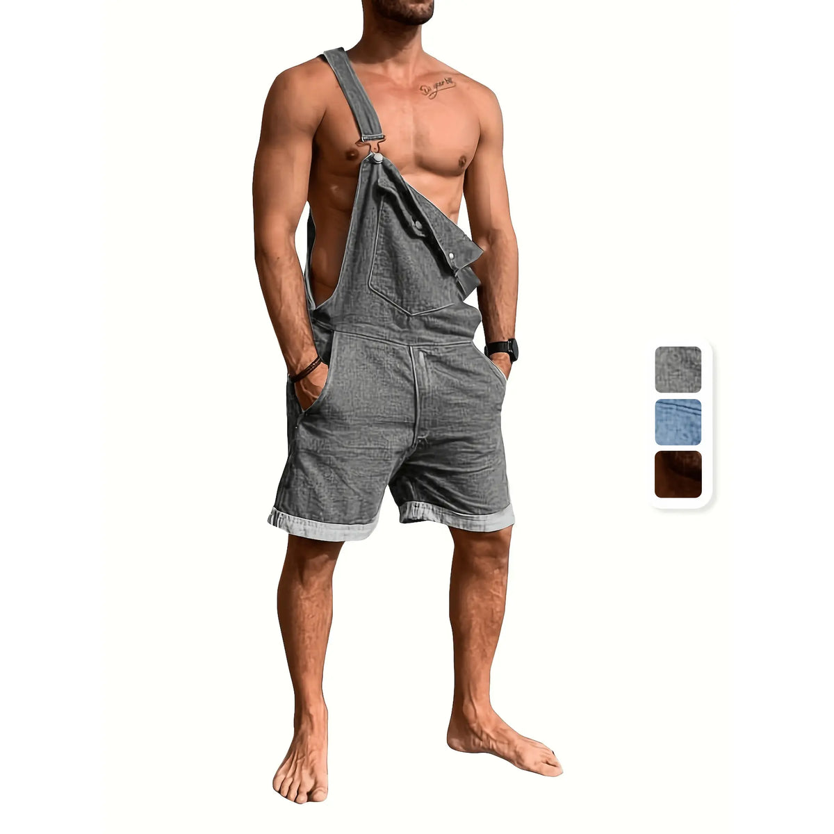 Men's Denim Bib Overall Shorts - Loose Fit, Above-Knee Length, Stretch Cotton-Viscose Fabric, Casual Cargo Pants with Pocket, Summer Walk Jumpsuit Rompers