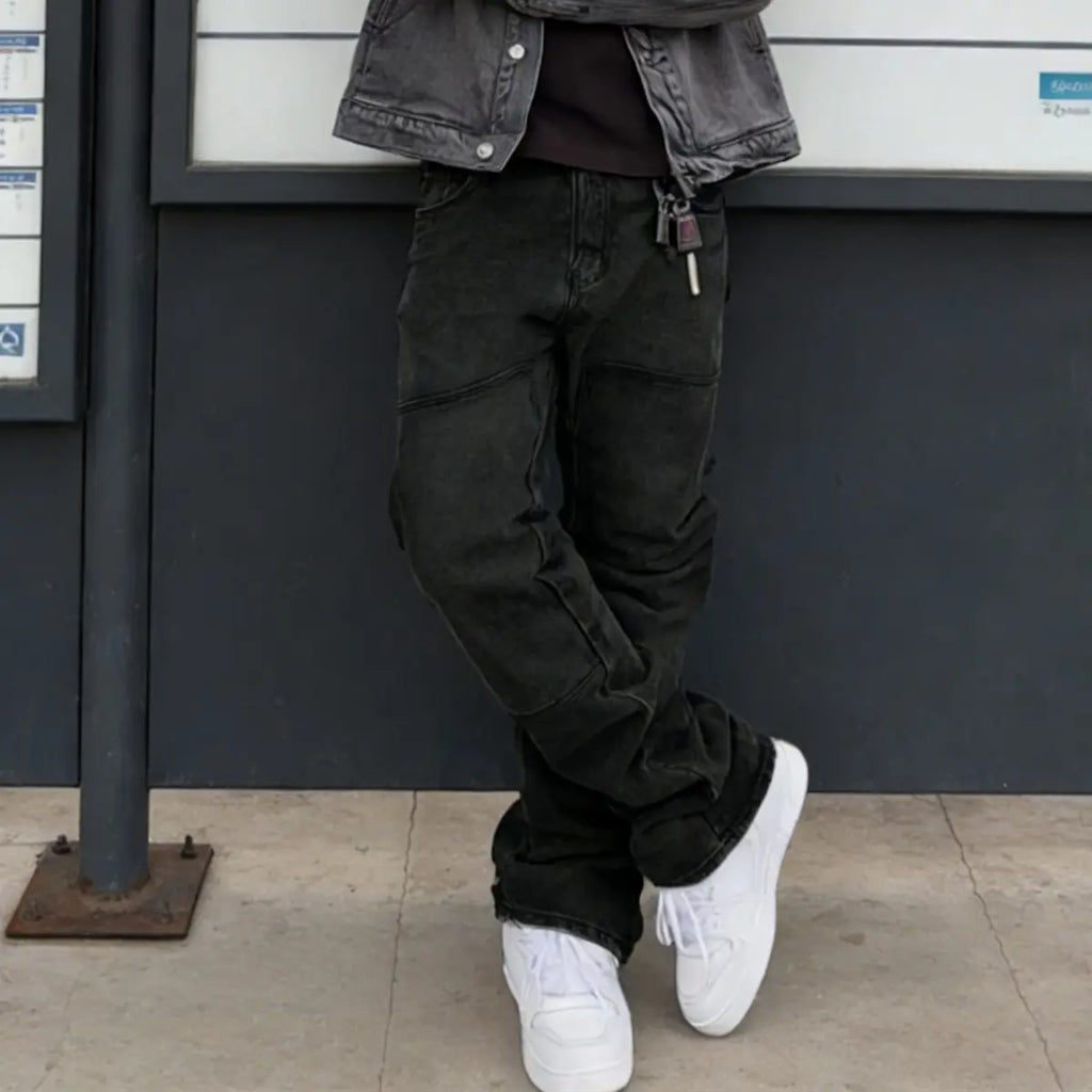 New Streetwear Men Stylish Baggy Regular Fit Jeans Men's Trousers Solid color Splice Loose Straight Casual Denim Pants Deals For You