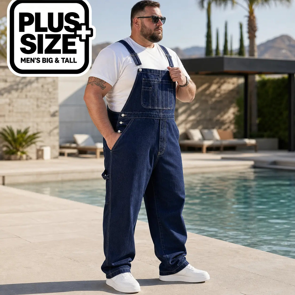 Men's Big & Tall Plain Denim Overalls - Cotton-Polyester Fabric Menswear, Loose-Fit Cargo Jumpsuit with Adjustable Straps, Lace-Up, Pockets - Classic Vintage Retro Street Style Workwear for Casual Daily Use - Plus Sizes XL-6XL, All-Season Comfort