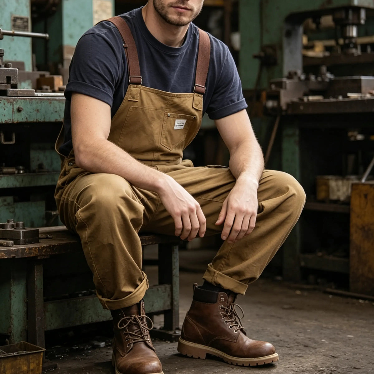 Men's Amekaji Vintage Khaki Canvas Overalls, Multi-Pocket Straight Leg Retro Work Bib Suspender Pants for Daily Outdoor Workwear
