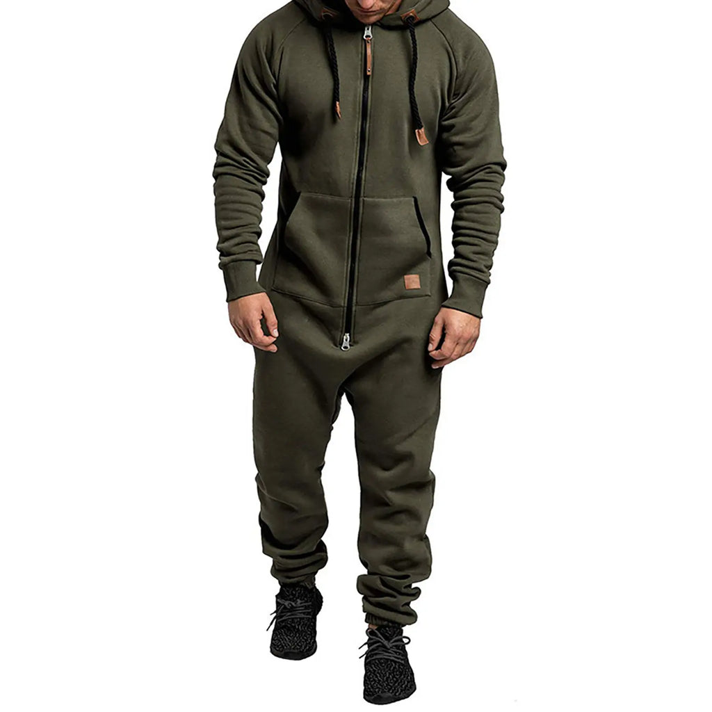 Men's Fleece-Lined Jumpsuit - Hooded Long Sleeve Full-Zip Overalls with Kangaroo Pockets| Winter Workwear, Thermal Coverall, Outdoor Work Suit, Heavy Duty Overalls, Cold Weather Gear