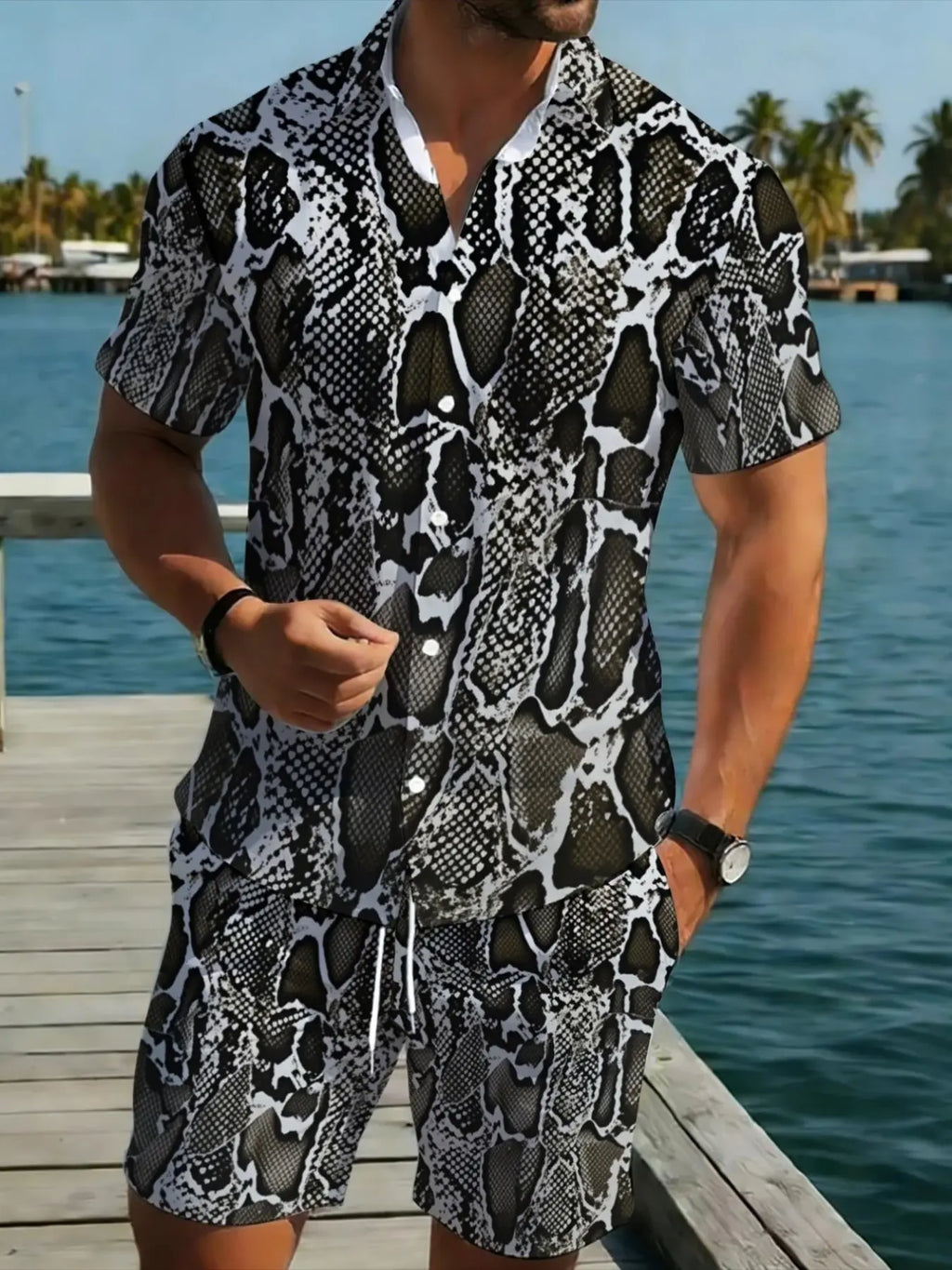 Men's Leopard Print Short Sleeve Collared Romper, Summer Tropical Casual Fashion Set, Breathable Comfort Trendy Piece, Slim-Fitting Graphic Blouse, Menswear, Clothing Sets