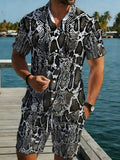 Men's Leopard Print Short Sleeve Collared Romper, Summer Tropical Casual Fashion Set, Breathable Comfort Trendy Piece, Slim-Fitting Graphic Blouse, Menswear, Clothing Sets