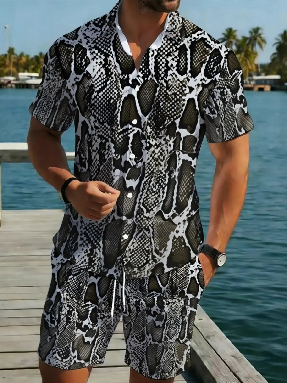 Men's Leopard Print Short Sleeve Collared Romper, Summer Tropical Casual Fashion Set, Breathable Comfort Trendy Piece, Slim-Fitting Graphic Blouse, Menswear, Clothing Sets