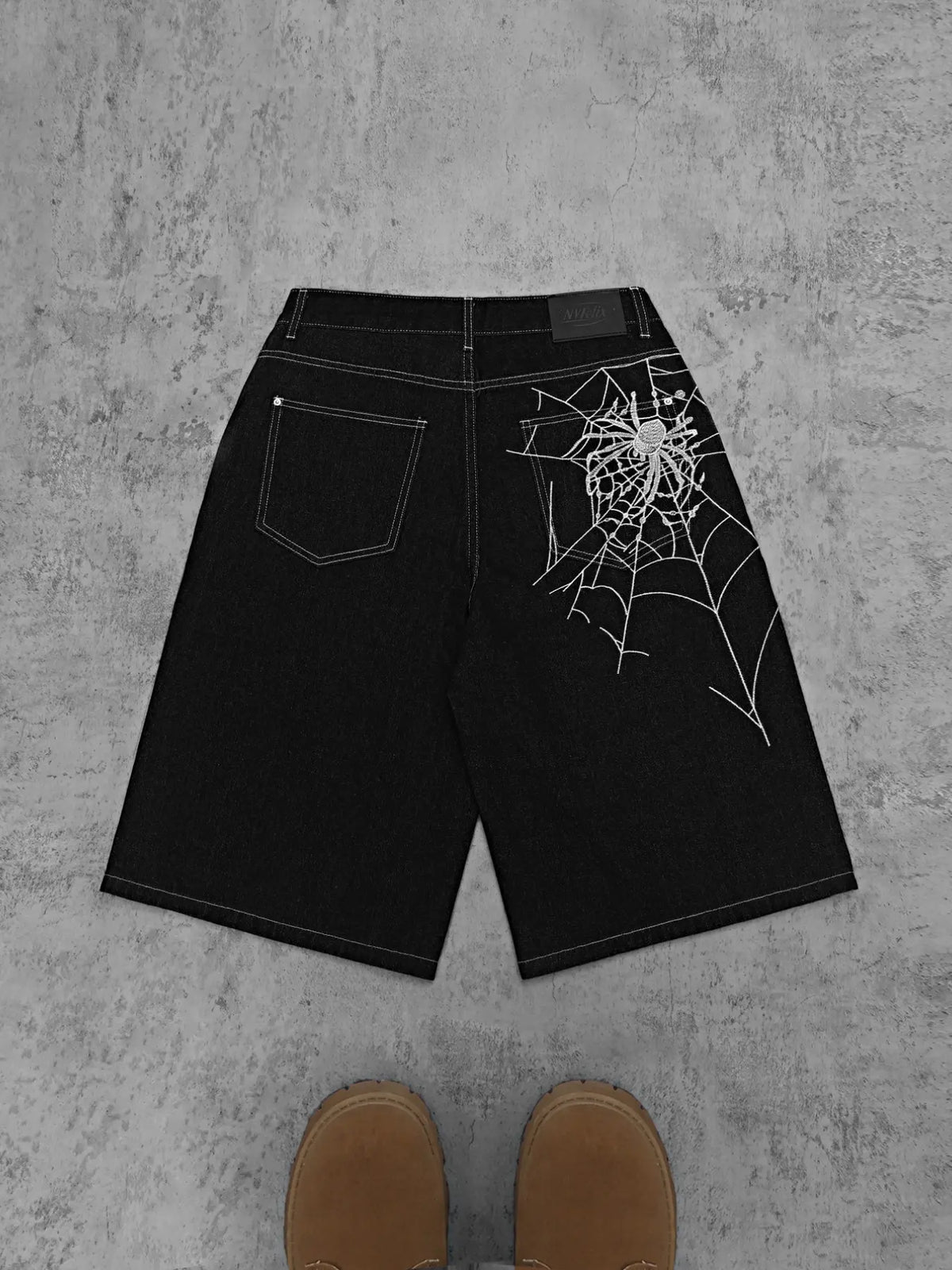 Men's Bermuda Shorts, Light Blue Washed Denim Jeans, Retro Floral Embroidery, Loose-Fit, Knee-Length, Casual Outdoor Wear, Ideal for Leisure