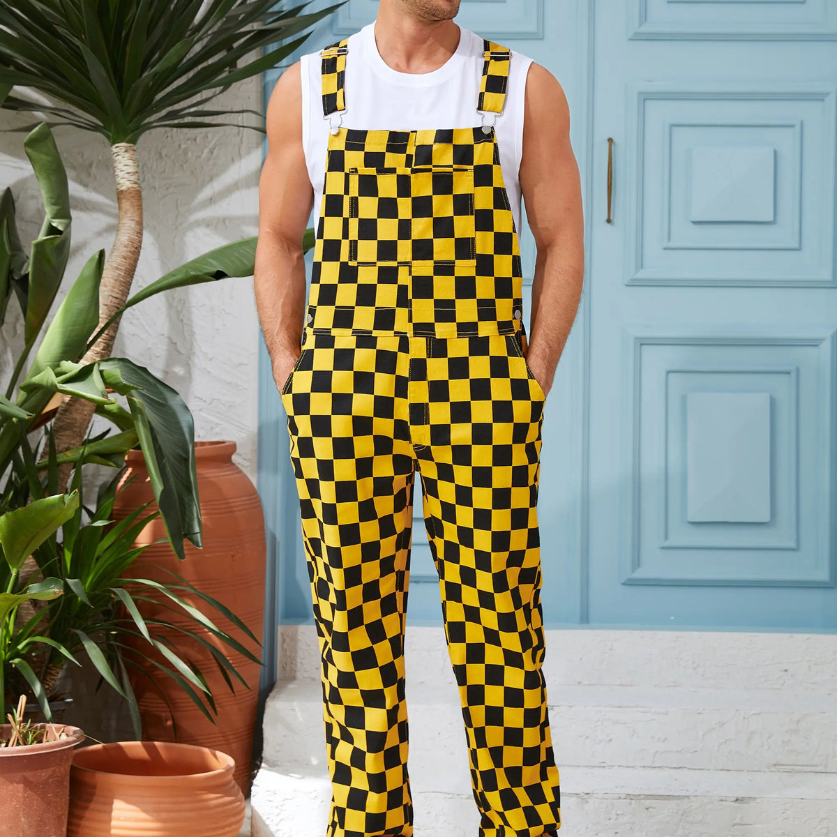 YUANBANG Football Fans Checkerd Overalls for Men and Women Stretch Denim Bib Coveralls Fashion Fall Winter Casual Comfy Rompers Game Day Outfits Teacher Wear Gifts for Dad Son Mom Y2K Menswear Womswear