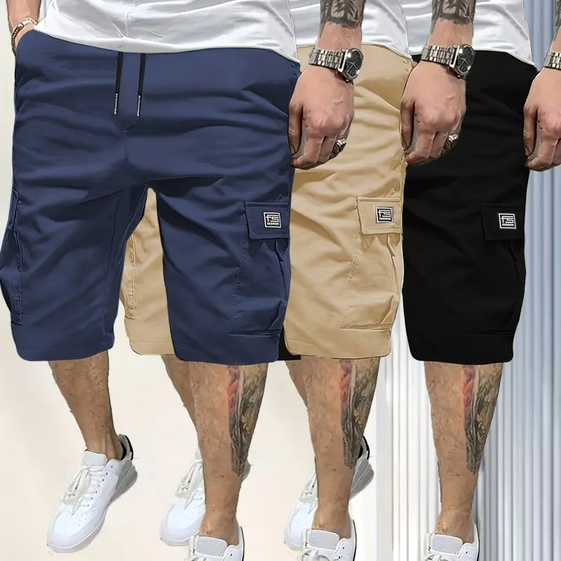 3-Piece Men's Shorts Set - Brown Black & Green - Slanted Pockets - 3-Piece Bottoms for Everyday Use Menswear Overalls shorts men ,Perfect for Street Style, Skateboarding, and Camping