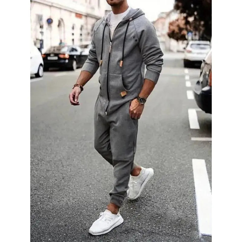 Set of 1 - Men's Hooded Fleece Lined Jumpsuit, Long Sleeve Full Zip Jumpsuit with Kangaroo BagGift