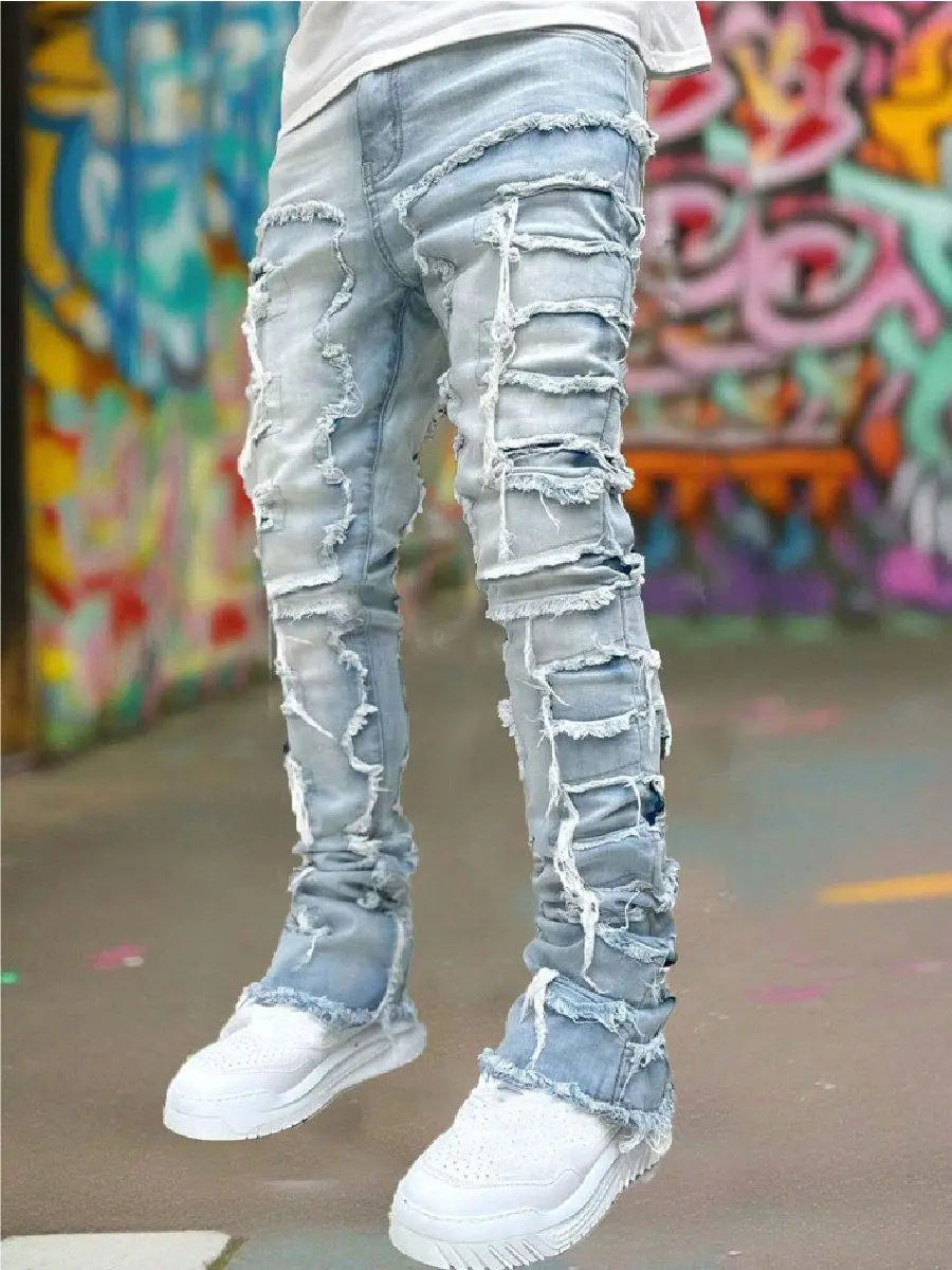 Men Streetwear Hip Hop Stacked Spliced Slim Straight Jeans Pants Male Stylish Motorcycle Biker Denim Trousers