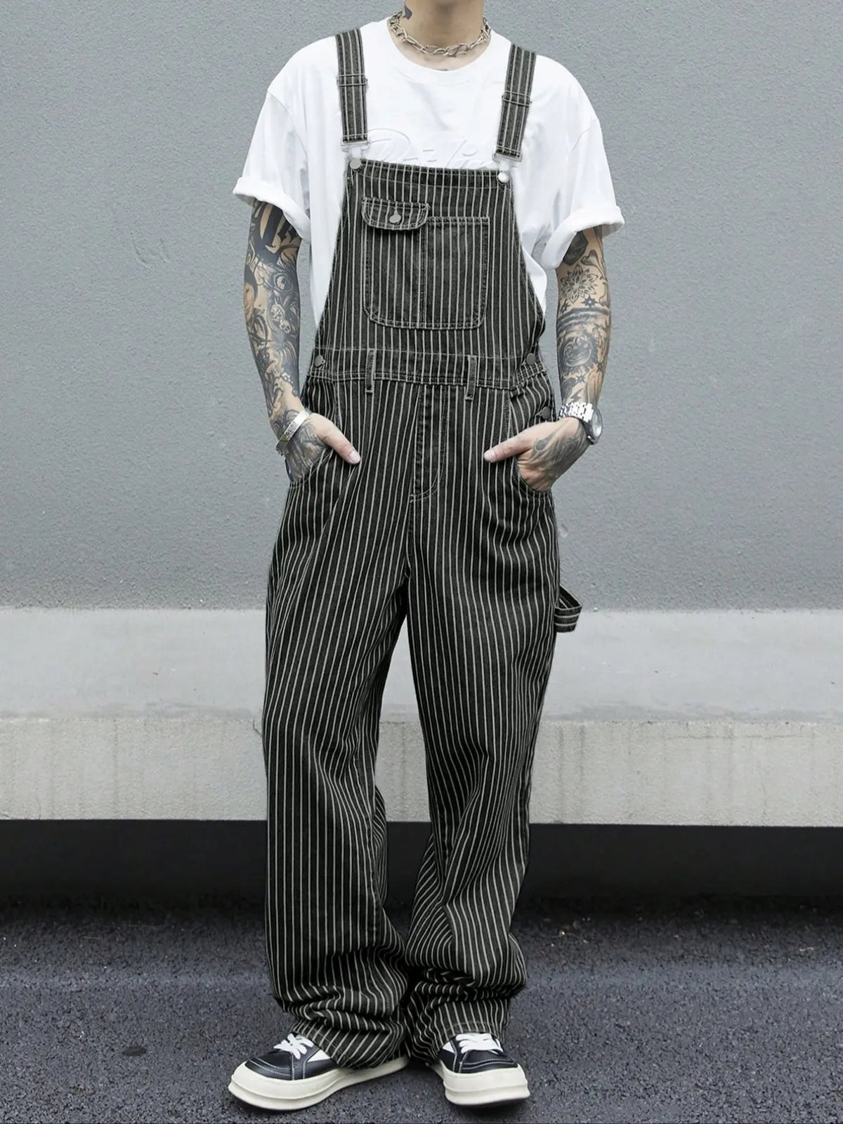 Men's Casual Striped Utility Denim Bib Overalls, Adjustable Shoulder Straps, Perfect for Work & Leisure Wear, Comfortable Fit, Fashion Casual Overalls