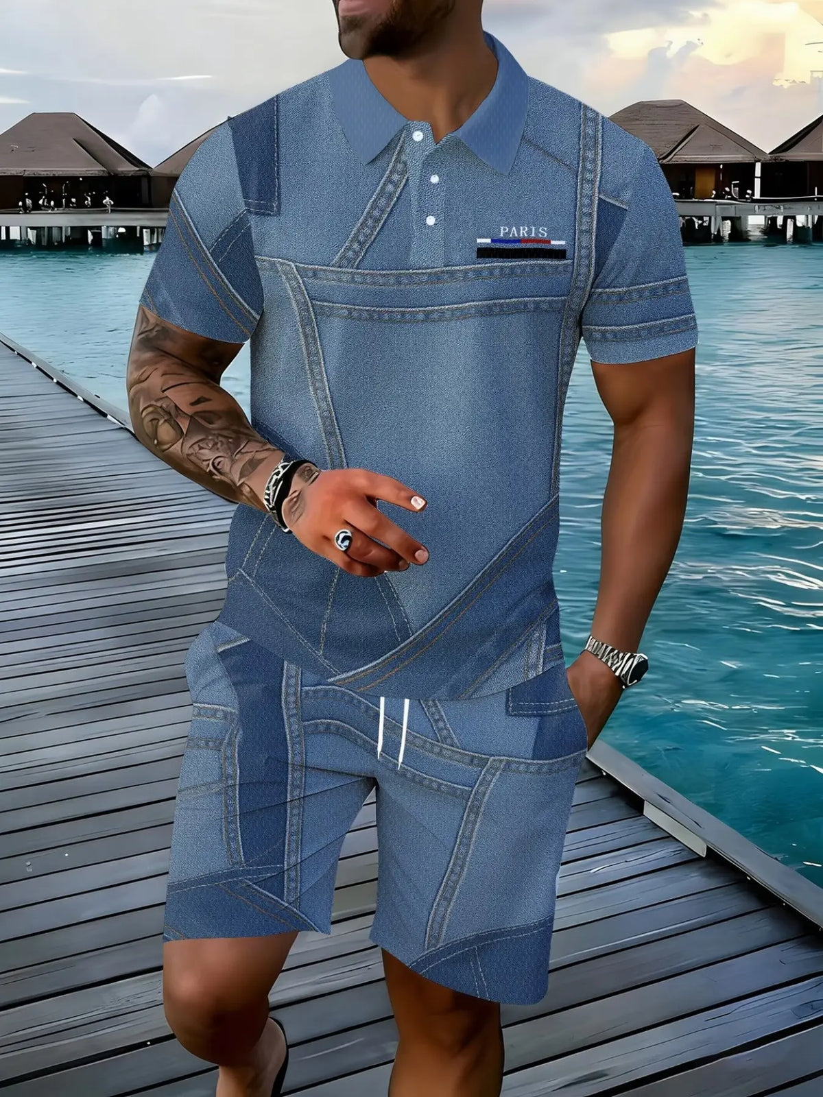 Men's Patchwork Romper, Casual Workwear Style, Summer New Arrival, Short Sleeve Romper, Trendy Fashion, Above Knee Hem, Fitted Design