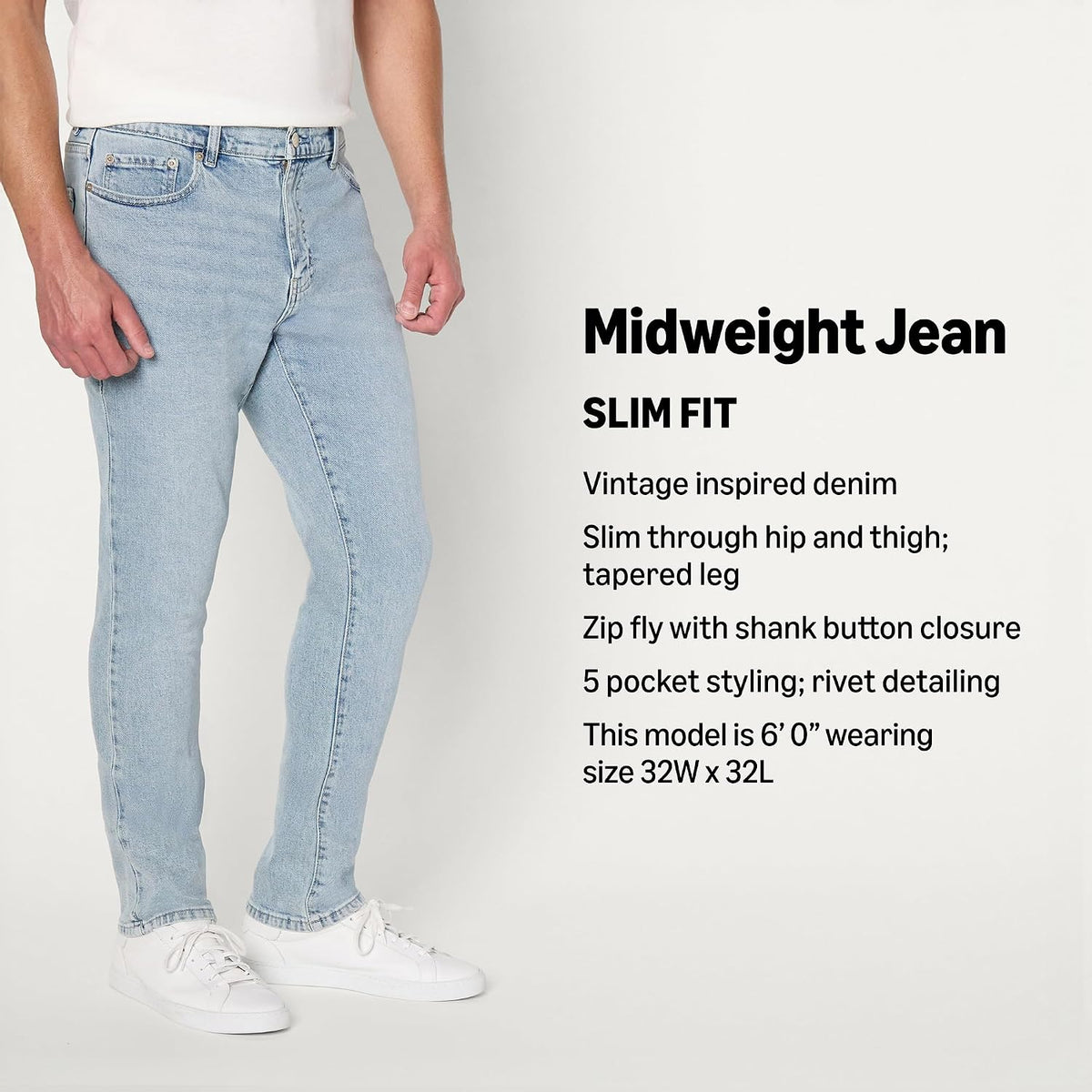 Amazon Essentials Men's Low Stretch Slim-Fit Jean, Tapered Leg, Vintage Inspired Midweight Denim