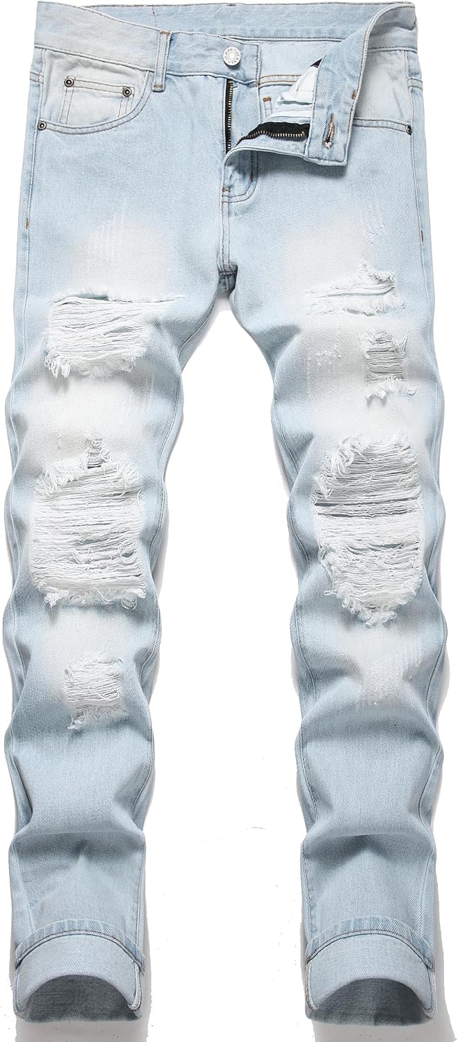 OIIIO Men's Ripped Slim Fit Straight Leg Jean Denim Pant