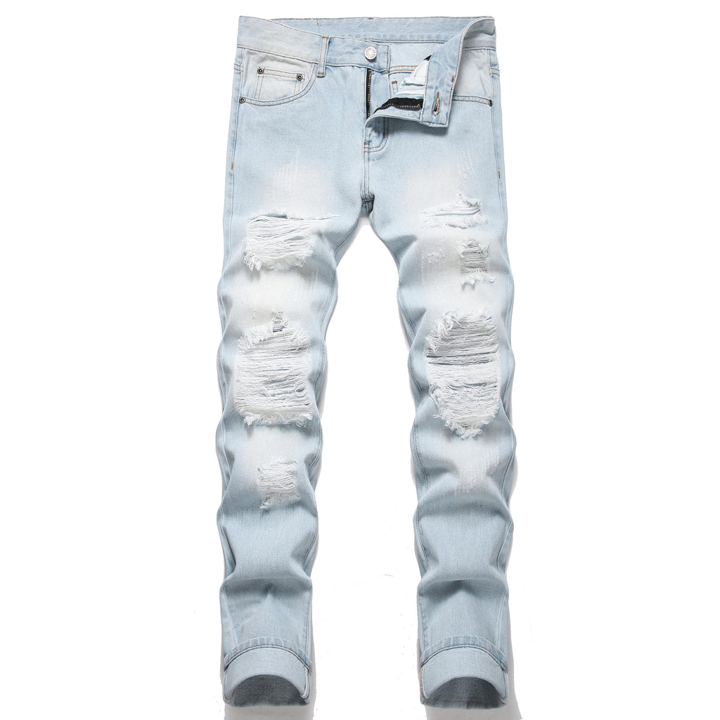 OIIIO Men's Ripped Slim Fit Straight Leg Jean Denim Pant