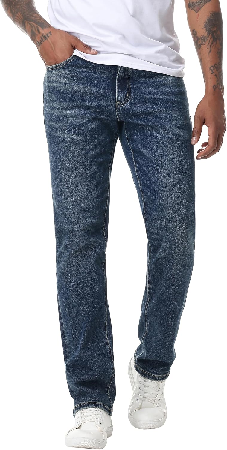 MZNBURAM Men's Stretch Relaxed Fit Straight-Leg Cotton Fashion Comfort Flex Waist Denim Pants Jeans