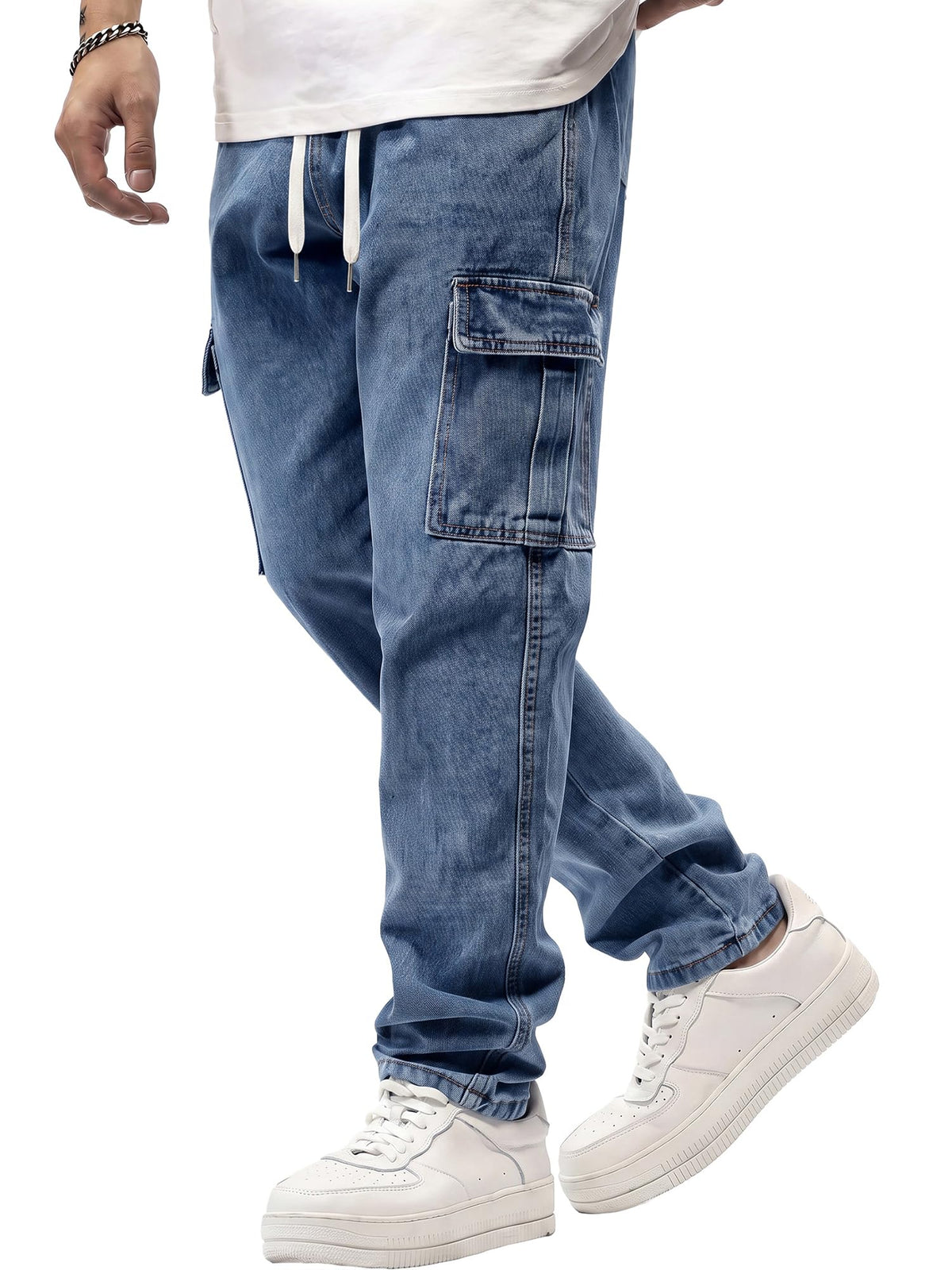 JMIERR Men's Elastic Waist Cargo Jeans Stretch Denim Pants with Drawstring Straight Leg for Casual Daily Wear