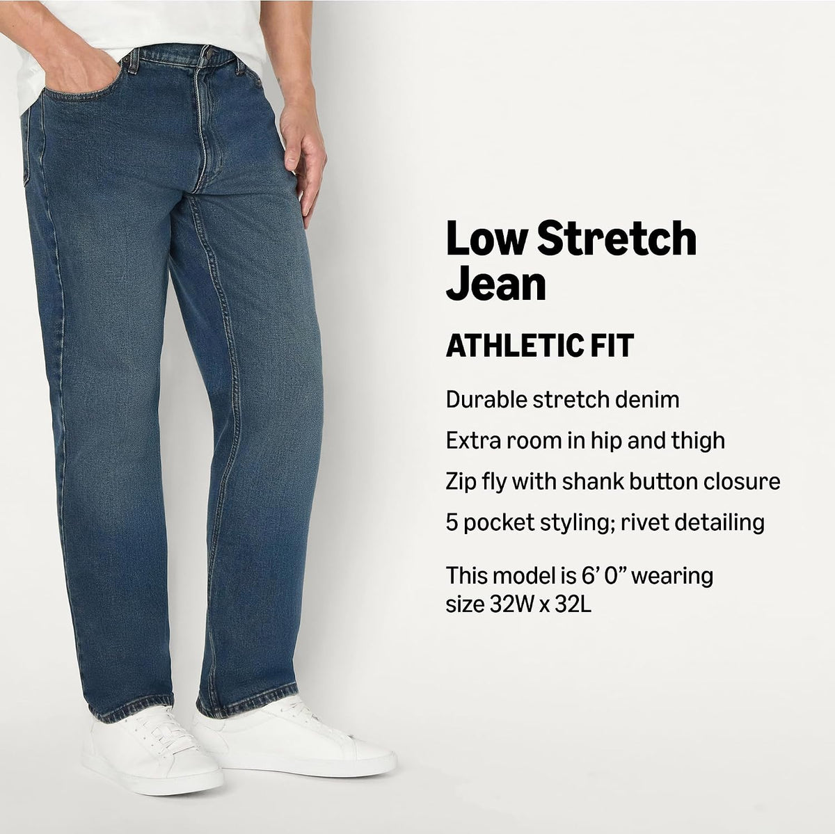 Amazon Essentials Men's Athletic Fit Jeans with Extra Room in Hip and Thigh, Low Stretch Denim, 5 Pocket Styling