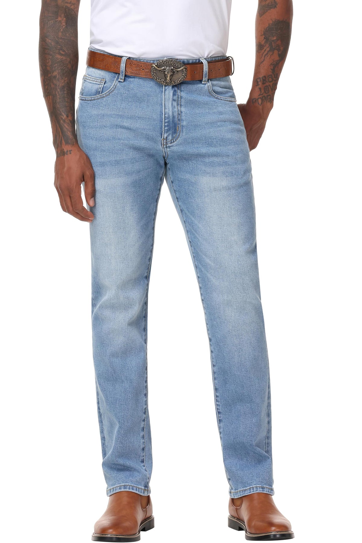 MZNBURAM Men's Stretch Regular Fit Straight-Leg Jeans - Cowboy Cotton Fashion Comfort Flex Waist Denim Pants