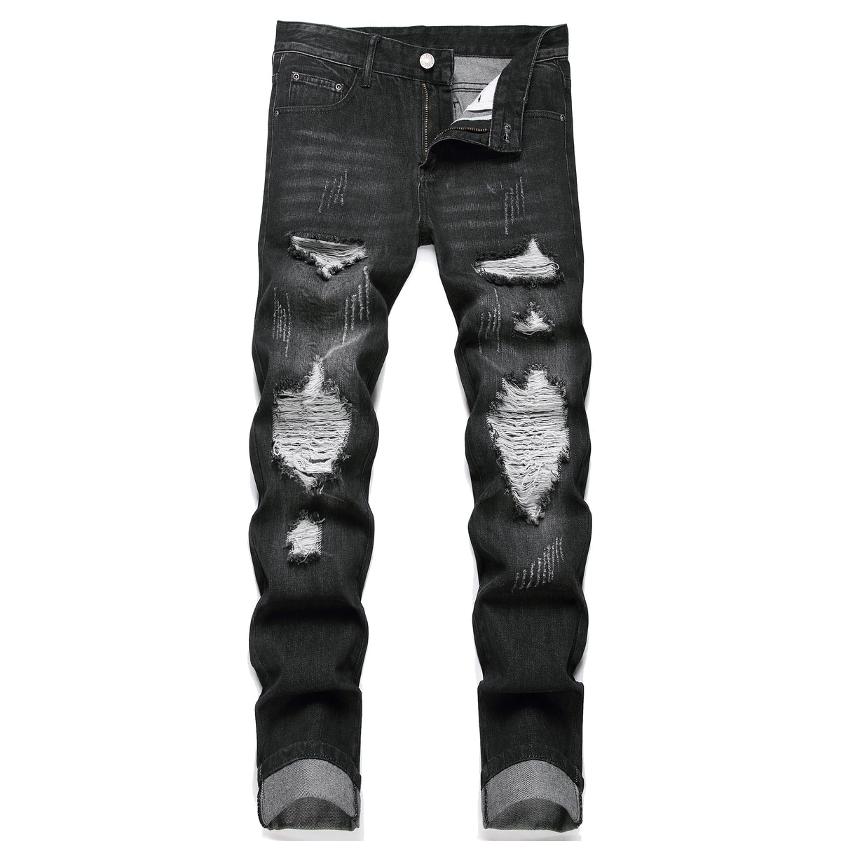 OIIIO Men's Ripped Slim Fit Straight Leg Jean Denim Pant