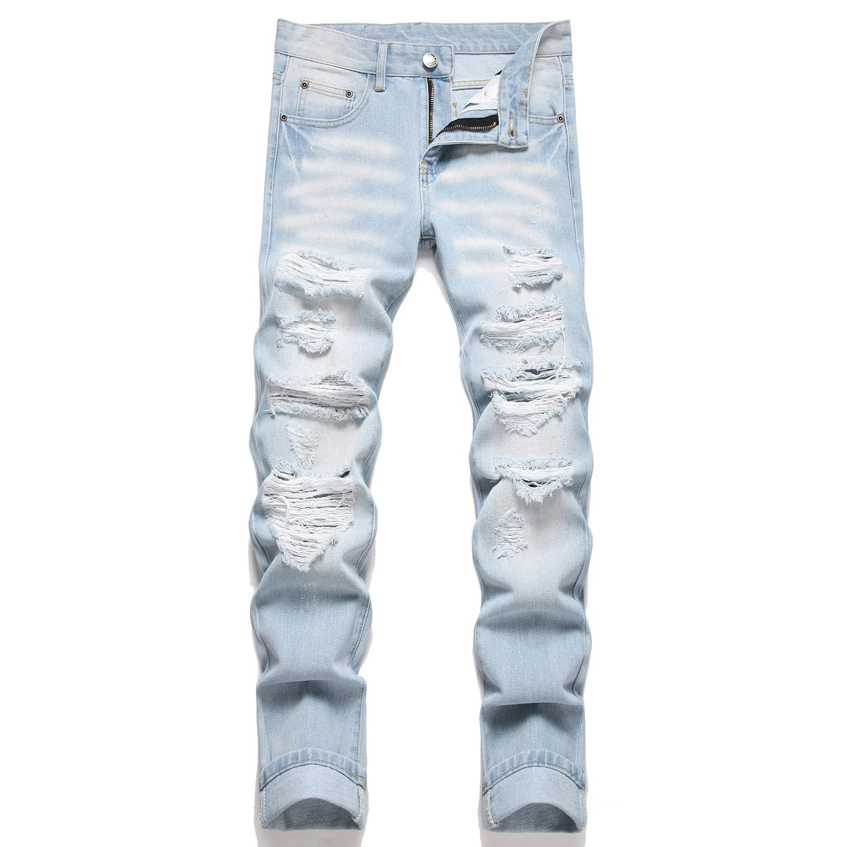 OIIIO Men's Ripped Slim Fit Straight Leg Jean Denim Pant