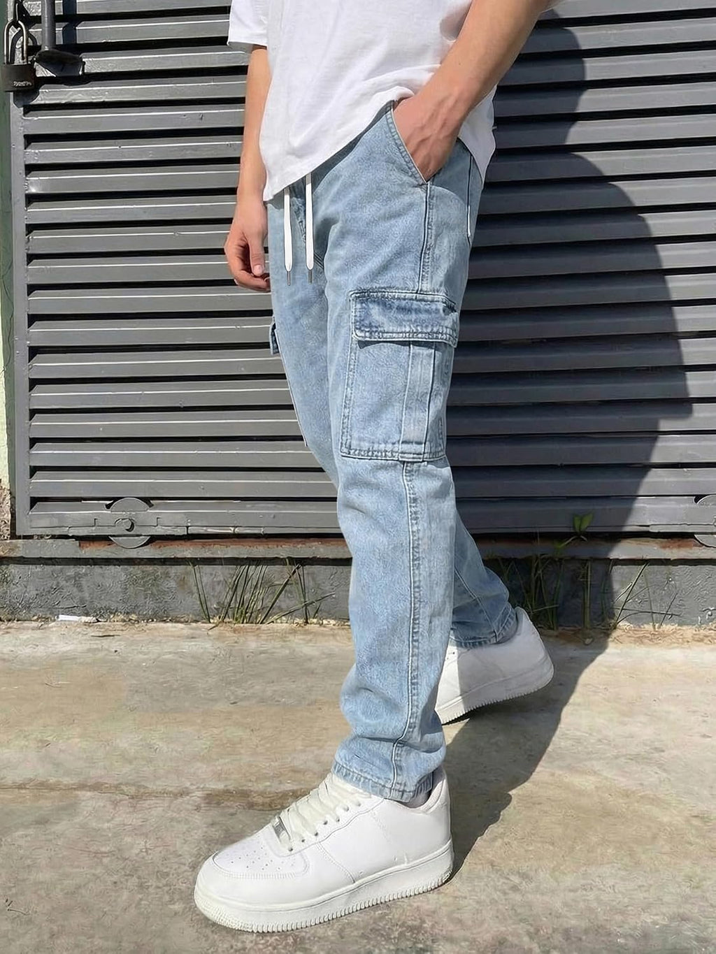 JMIERR Men's Elastic Waist Cargo Jeans Stretch Denim Pants with Drawstring Straight Leg for Casual Daily Wear