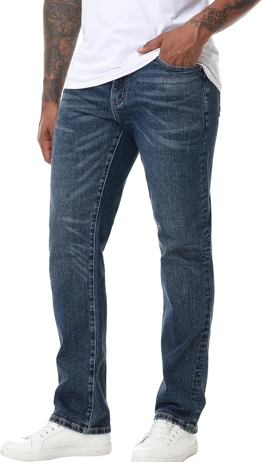 MZNBURAM Men's Stretch Relaxed Fit Straight-Leg Cotton Fashion Comfort Flex Waist Denim Pants Jeans