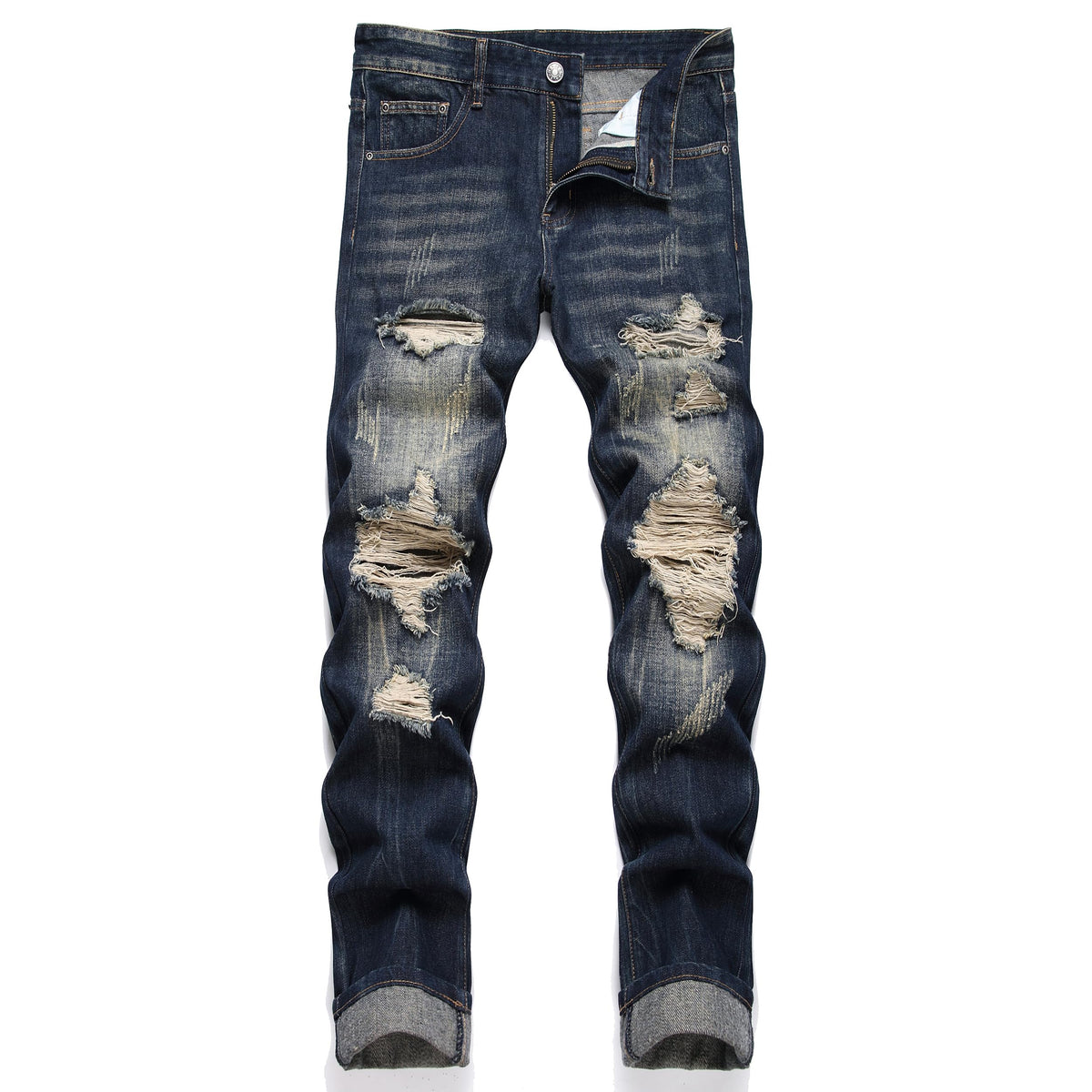 OIIIO Men's Ripped Slim Fit Straight Leg Jean Denim Pant