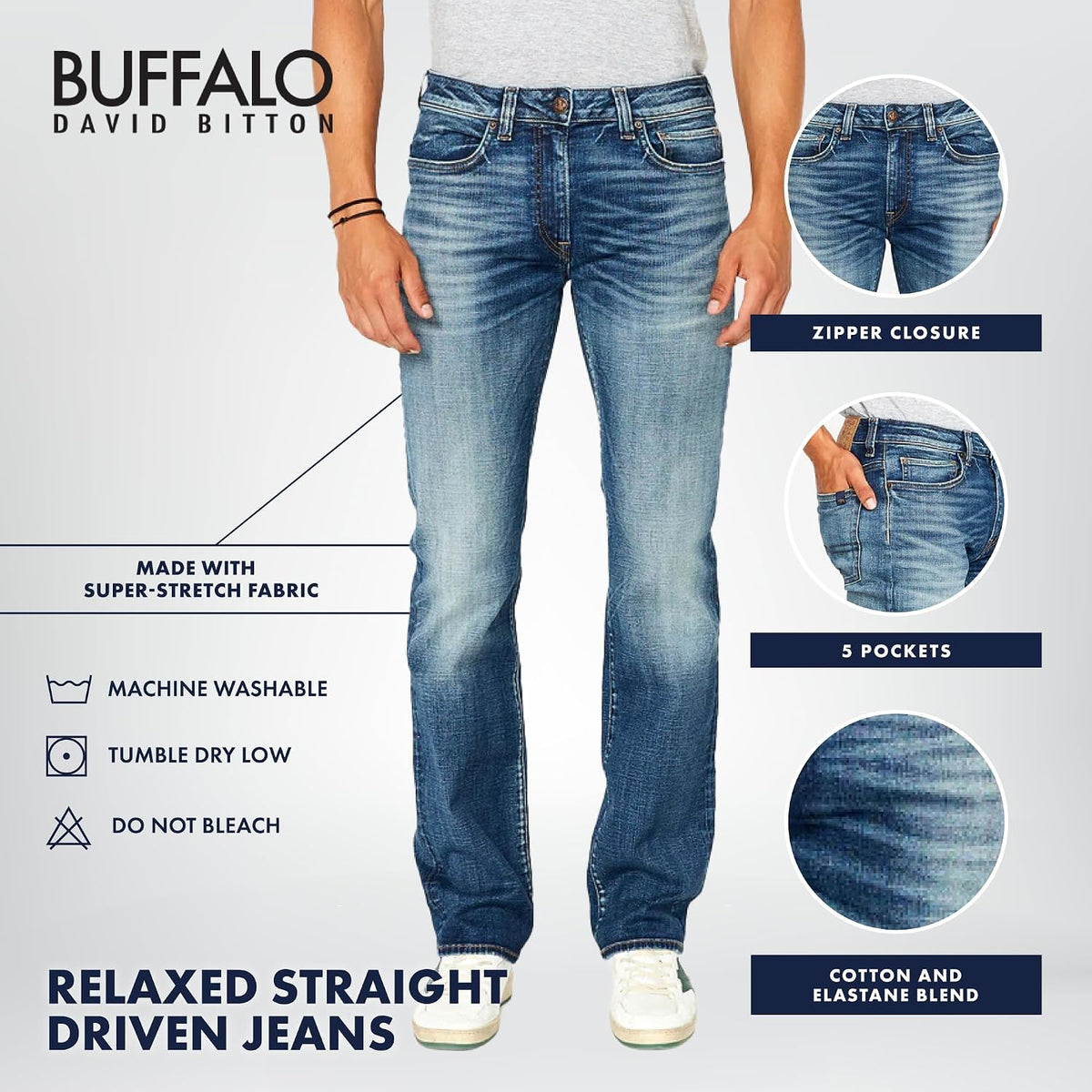 Buffalo David Bitton Mens Relaxed Straight Leg Driven Jean with Stretch Fabric