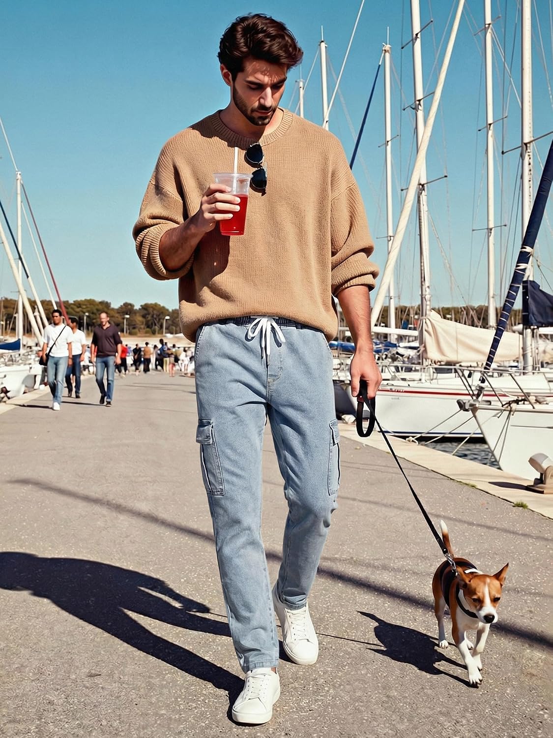 JMIERR Men's Elastic Waist Cargo Jeans Stretch Denim Pants with Drawstring Straight Leg for Casual Daily Wear