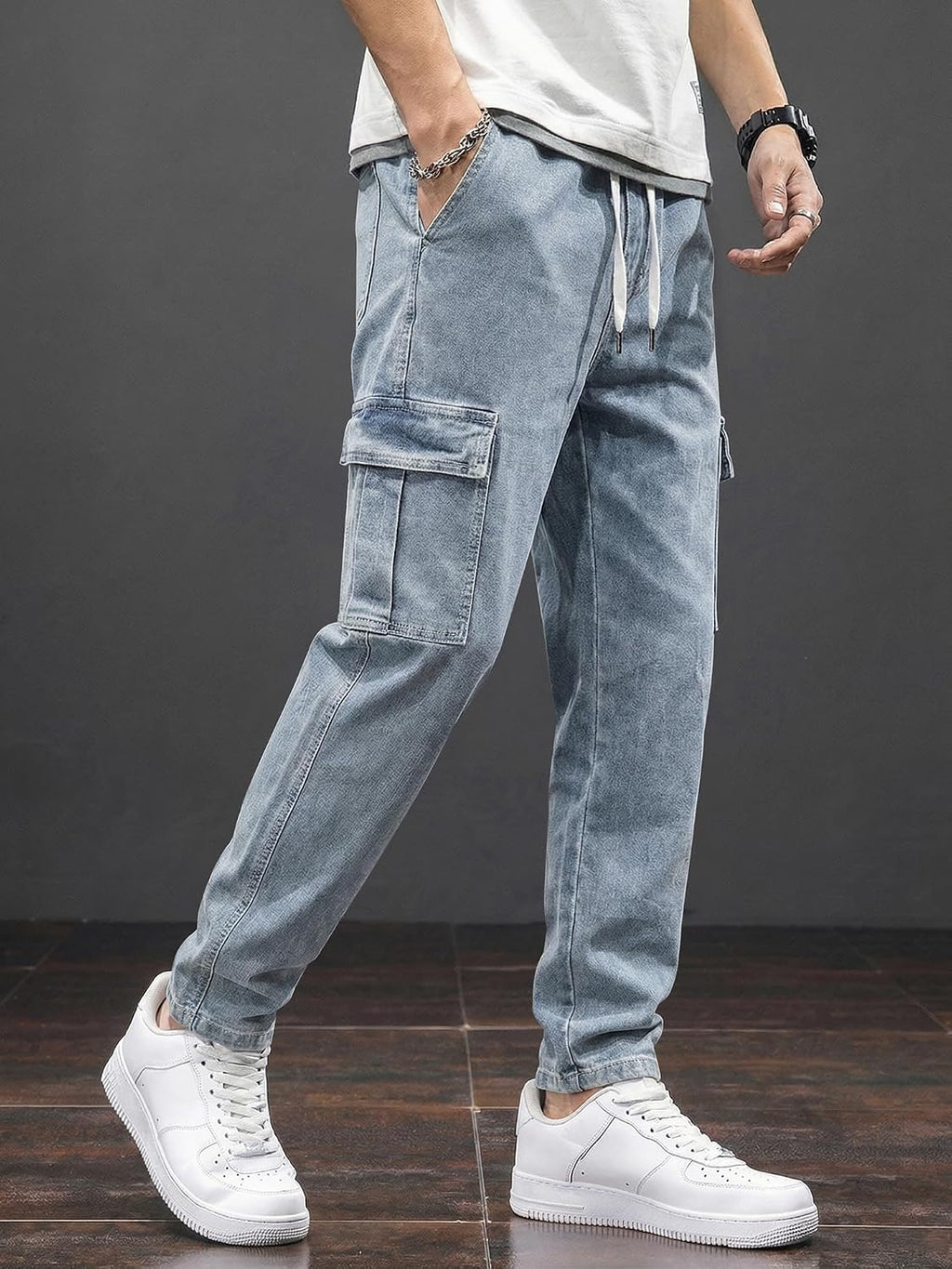 JMIERR Men's Elastic Waist Cargo Jeans Stretch Denim Pants with Drawstring Straight Leg for Casual Daily Wear