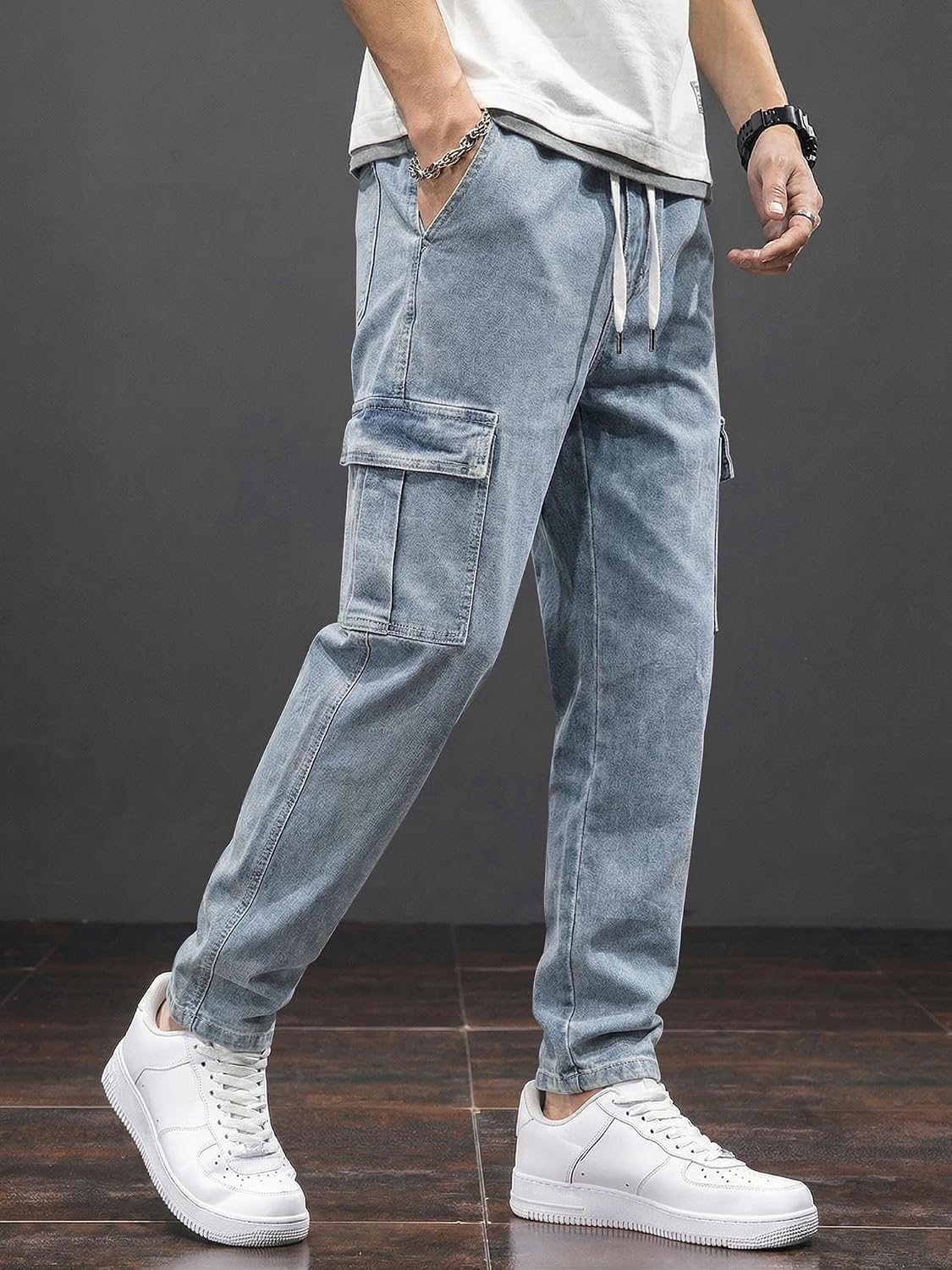 JMIERR Men's Elastic Waist Cargo Jeans Stretch Denim Pants with Drawstring Straight Leg for Casual Daily Wear