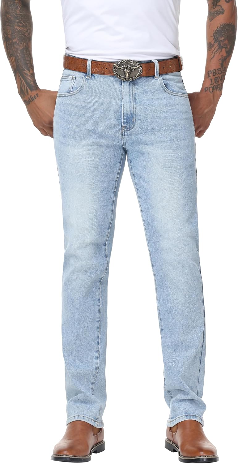 MZNBURAM Men's Stretch Regular Fit Straight-Leg Jeans - Cowboy Cotton Fashion Comfort Flex Waist Denim Pants