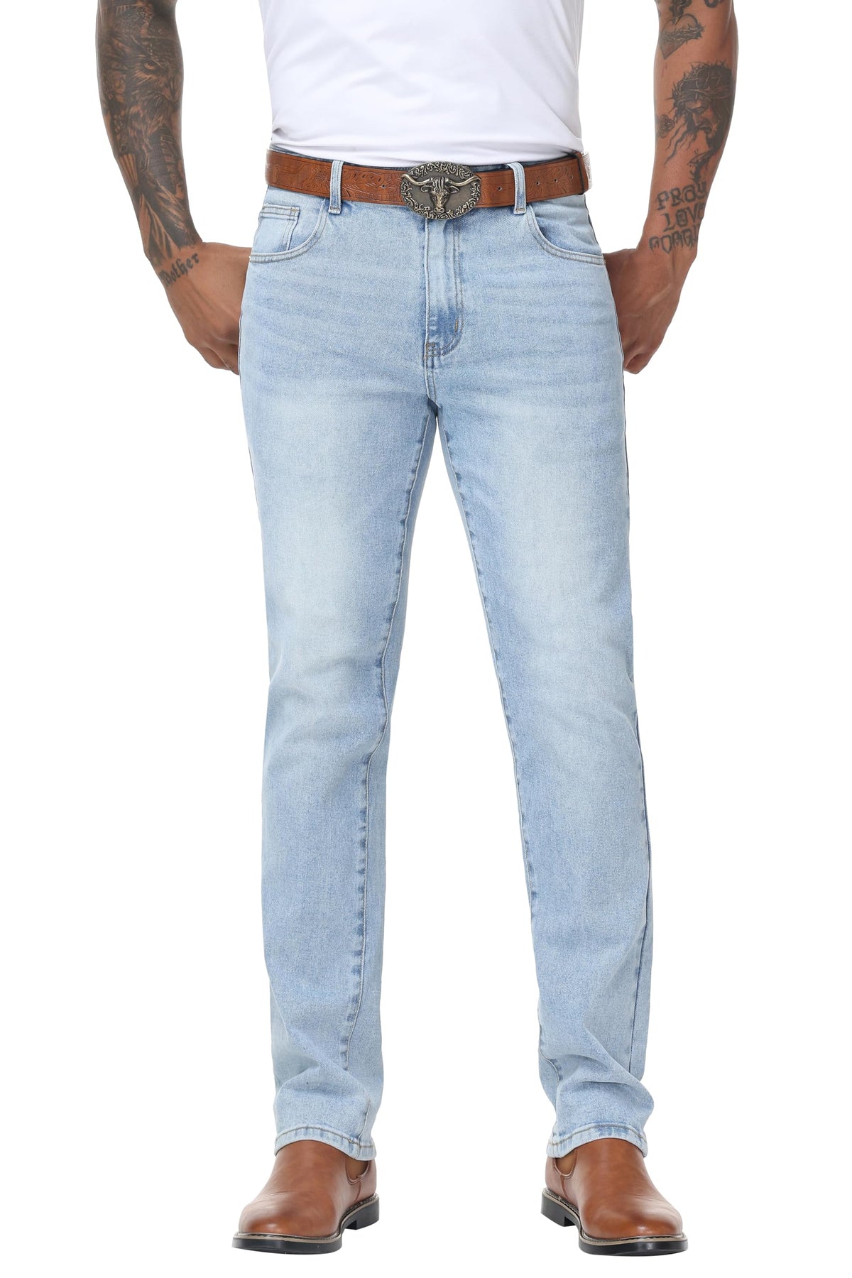 MZNBURAM Men's Stretch Regular Fit Straight-Leg Jeans - Cowboy Cotton Fashion Comfort Flex Waist Denim Pants