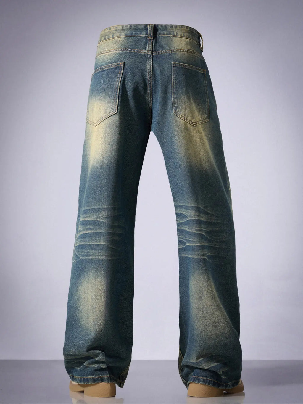 Men's Vintage Washed Leg Jeans, Casual Loose Fit Denim Jeans, Trendy Letter Embroidery, Relaxed Fit Jeans, All Seasons Wear, Vintage Inspired Jeans
