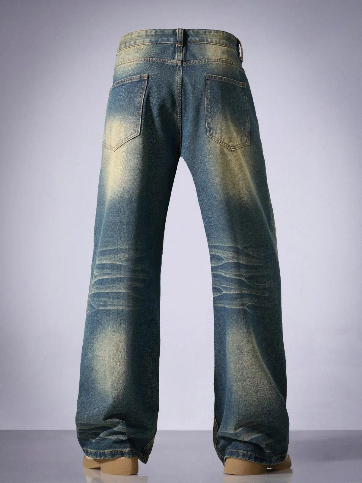 Men's Vintage Washed Leg Jeans, Casual Loose Fit Denim Jeans, Trendy Letter Embroidery, Relaxed Fit Jeans, All Seasons Wear, Vintage Inspired Jeans