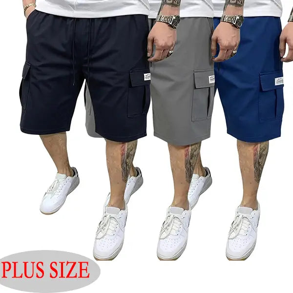 Men's Plus Size 3-Piece Plain Shorts Set - Earth Yellow, Black, Gray, Blue, Knee Length, Polyester, Slanted Pockets, Menswear, Sportswear, Activewear, Athletic, Versatile Casual Summer Outing & Travel Wear