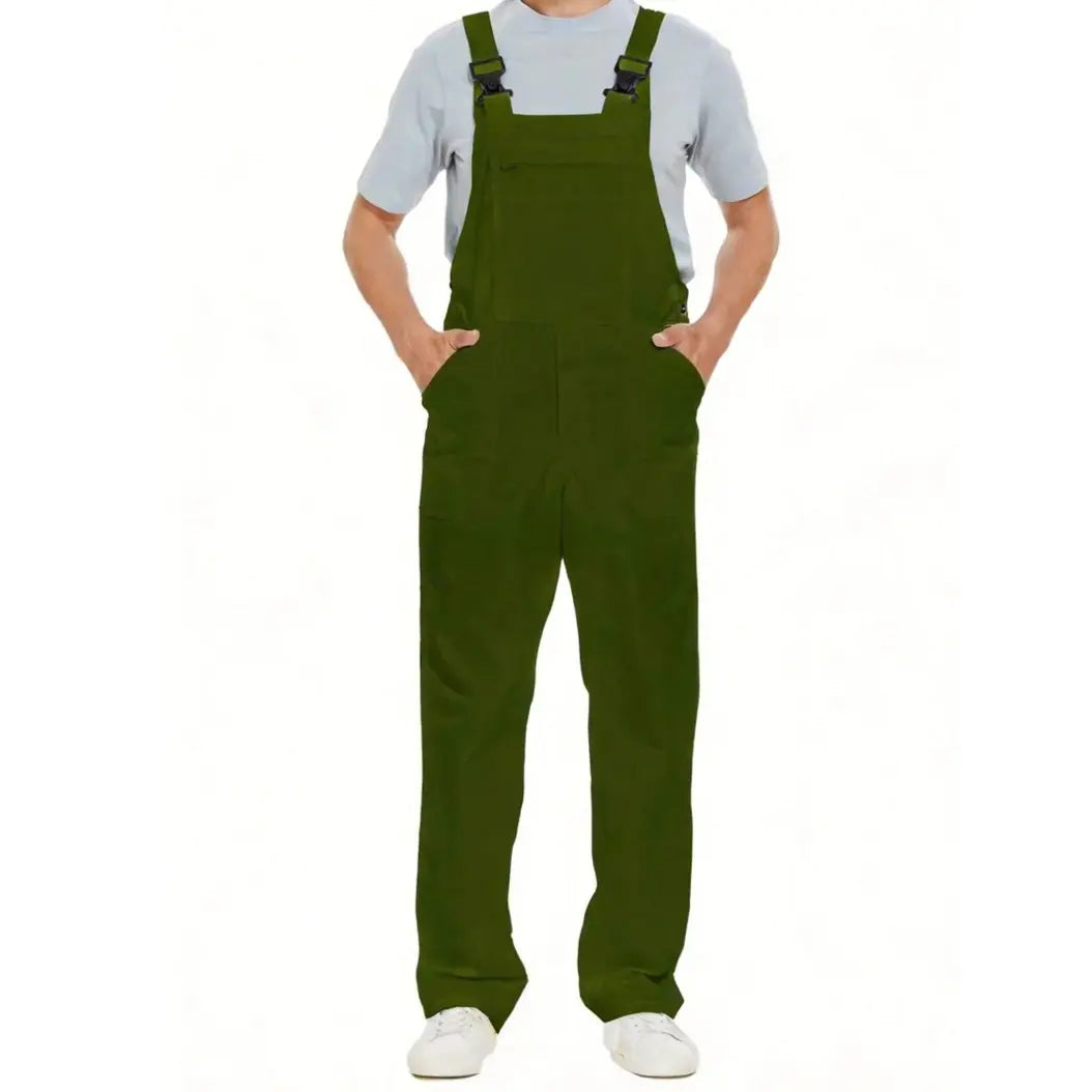WORK IDEA Men's Cotton Overalls with Straps & Buckle, Comfortable Skin-Friendly Durable Plain Soft Fabric, 8 Functional Pockets, Elastic Waistband, Easy On/Off Workwear Uniforms (Black, Beige) for Outdoor Activities (Pair with T-Shirt)