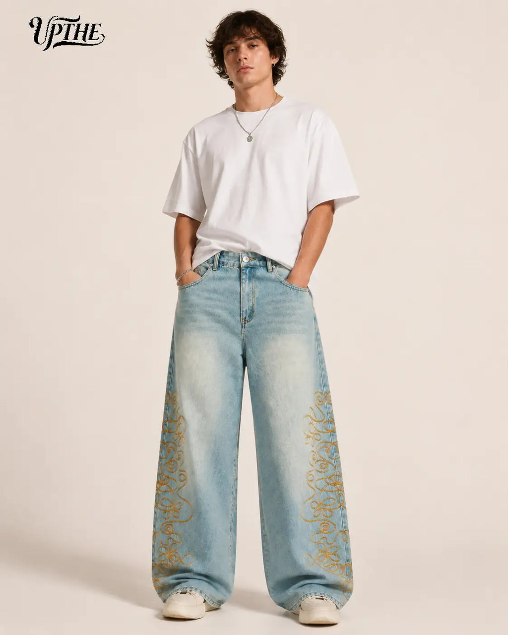 Men's Vintage Light-Wash Swirl Embroidery Floor-Length Baggy Wide-Leg Jeans - Retro Streetwear, Teenage Dirtbag Aesthetic Daily Casual Trousers