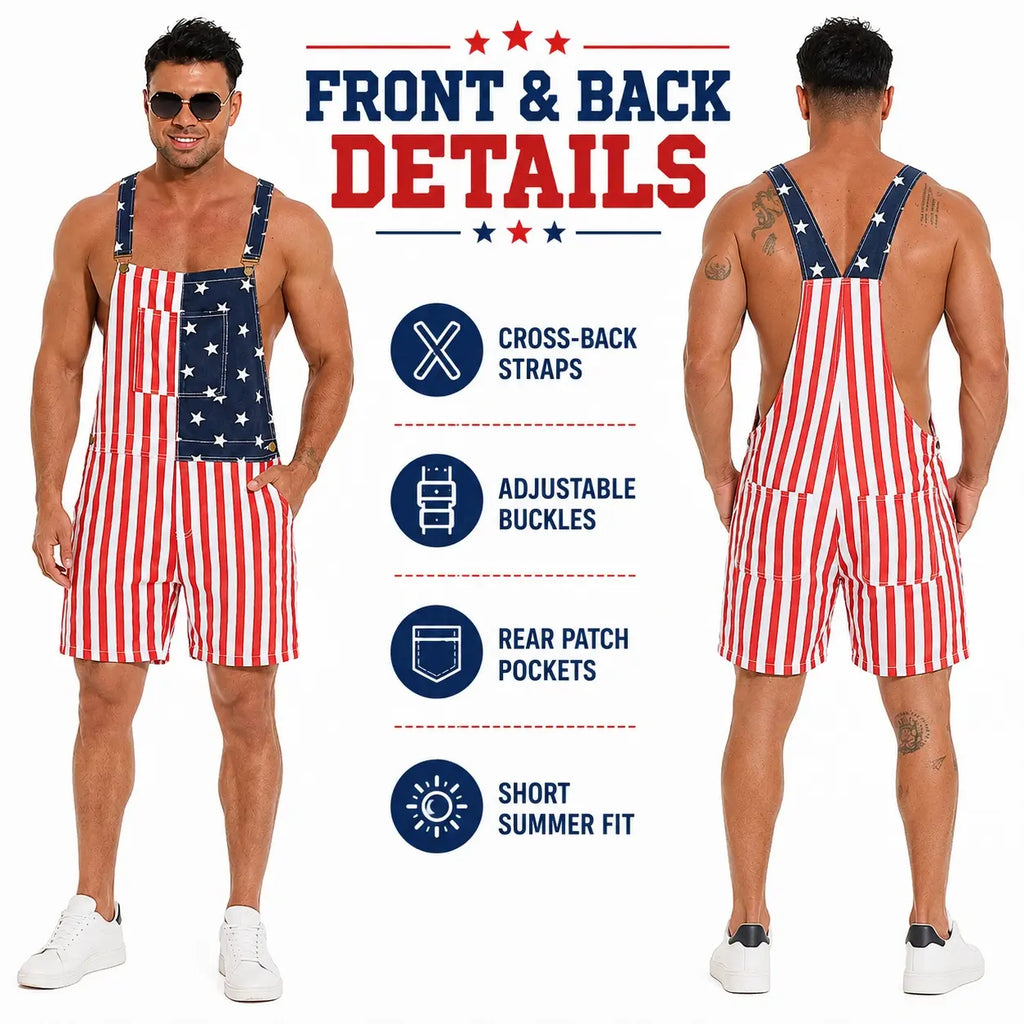 Men's Stretchy Denim Overalls - Flag-Themed 250th Anniversary 4th of July Patriotic Outfit, 4xl/5xl Stretch Fabric Moves With Your Day Work-Ready Romper, Casual Menswear Father’s Day Gift