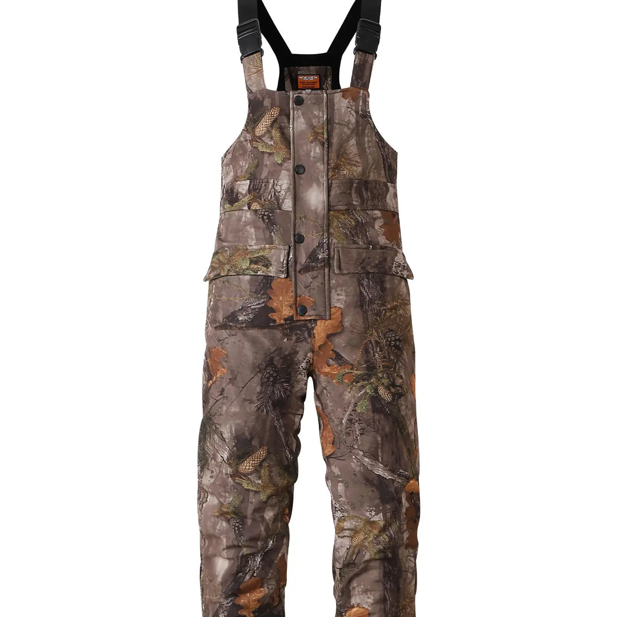 NEW VIEW Men's Camouflage Sleeveless Thermal Insulated Hunting Bibs - Adjustable Strap Elastic Overalls, Fleece Lined, Water-Resistant, Silent, Functional Zippers, Pockets, Ankle Length, All Seasons Outdoors Winter Sports Wear