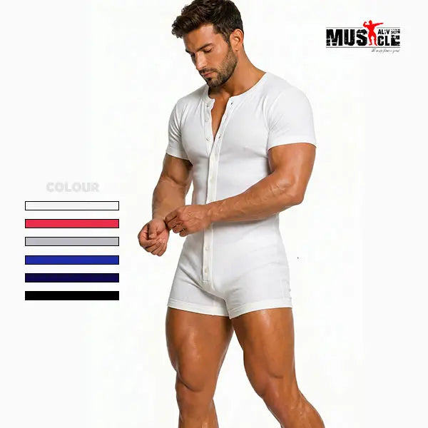 Men's Soft Cotton Blend Stretchy Knitting Short Sleeve Henley Overalls - Round Neck, Button-Front, Relaxed Boxers Bottoms, Minimalist Fit, Activewear, All-Seasons Casual Homewear Streetwear