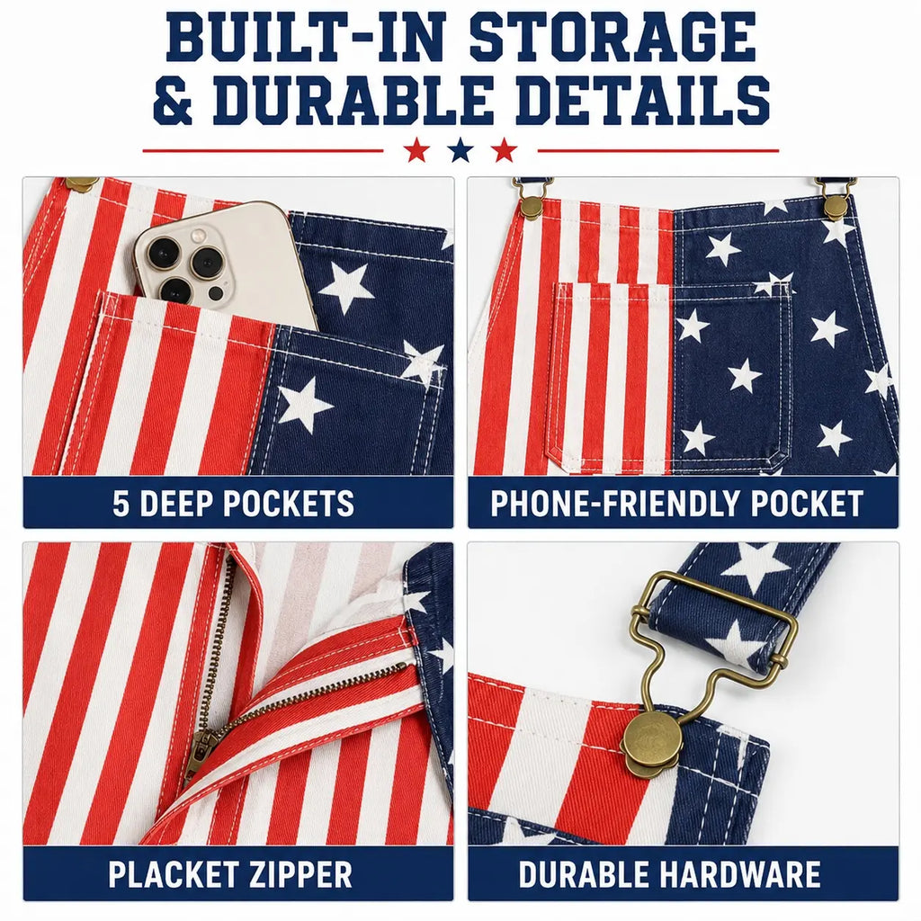 Men's Stretchy Denim Overalls - Flag-Themed 250th Anniversary 4th of July Patriotic Outfit, 4xl/5xl Stretch Fabric Moves With Your Day Work-Ready Romper, Casual Menswear Father’s Day Gift