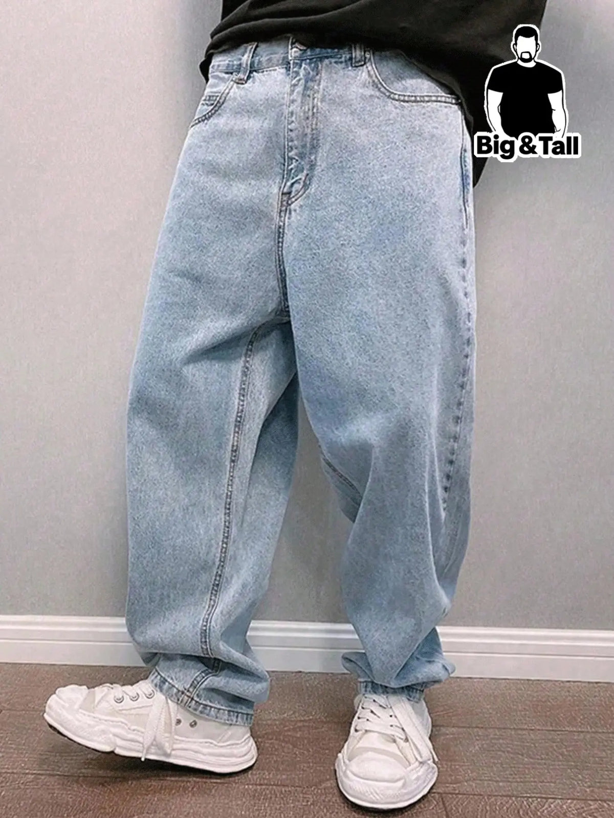 Men's Loose Baggy Straight Leg Design Vintage Washed Denim Light Blue Wide Leg Jeans, Plus Size Friendly, Oversize, Comfortable Casual Pants for All Seasons