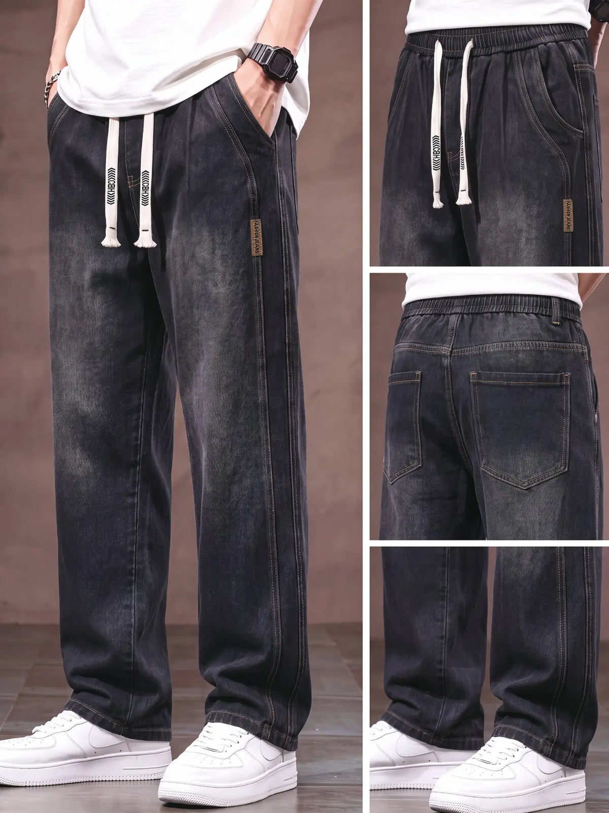 Men's drawstring elastic waist straight leg Pocket jeans solid color casual versatile non stretch denim pants, fit straight leg version, suitable for all seasons